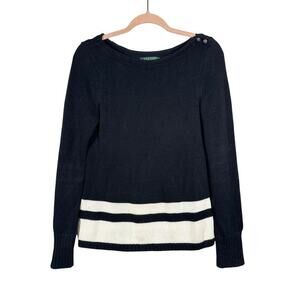 LAUREN RALPH LAUREN Black White Striped Logo Shoulder Buttons Cotton -Sz Small